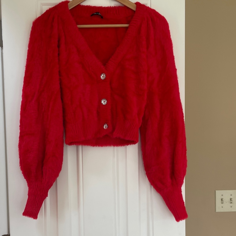 For Love of Lemons Fuzzy Red Cardigan